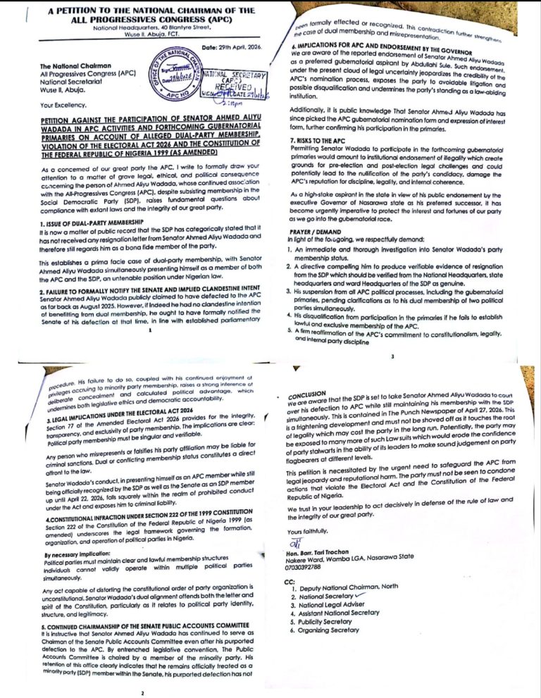 Nassarawa 2027: Crisis Rocks APC as Lawyer petitions  governor Sule anointed Aspirants over dual membership of SDP/APC.